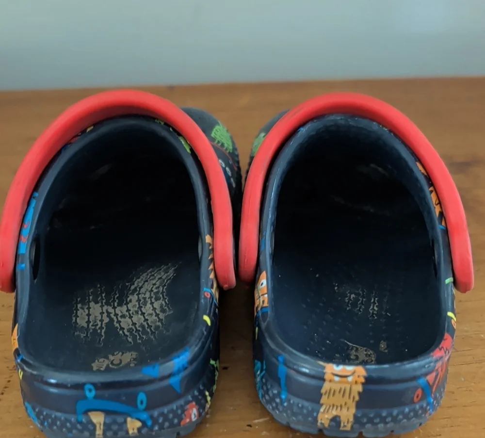 Toddler Crocs Colorful Monster Print and Red Strap